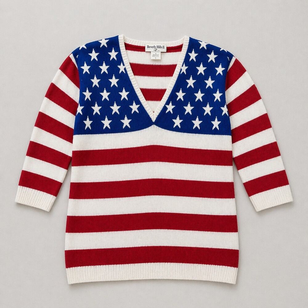 VTG USA American Flag 4th of July Americana Patriotic Sweater Womens S Preppy